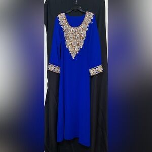 Elegant Blue Asymmetrical Dress with Gold Embellishments